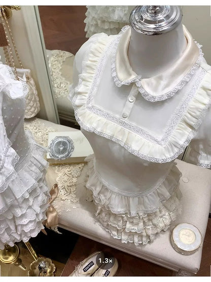 Little ballet rules, French girls' preference, multi-color baby collar, lace waist slim fit top