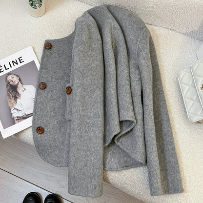 High-grade grey short double-faced cashmere coat for women 2025 autumn and winter new small Korean woolen coat