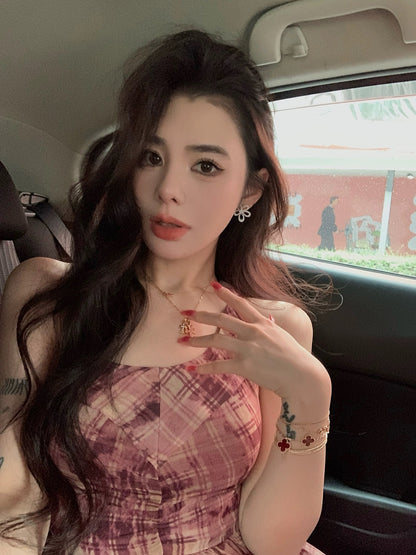 Qiu Rouyao French retro u-neck plaid a-line long dress for women spring new sexy temperament long dress