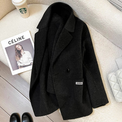 Black and gray double-faced cashmere coat for women, mid-length, 2025 autumn and winter new Korean style loose high-end wool coat