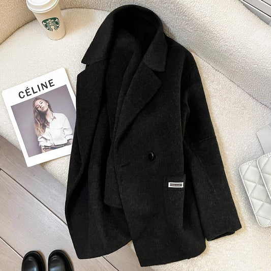 Black and gray double-faced cashmere coat for women, mid-length, 2025 autumn and winter new Korean style loose high-end wool coat