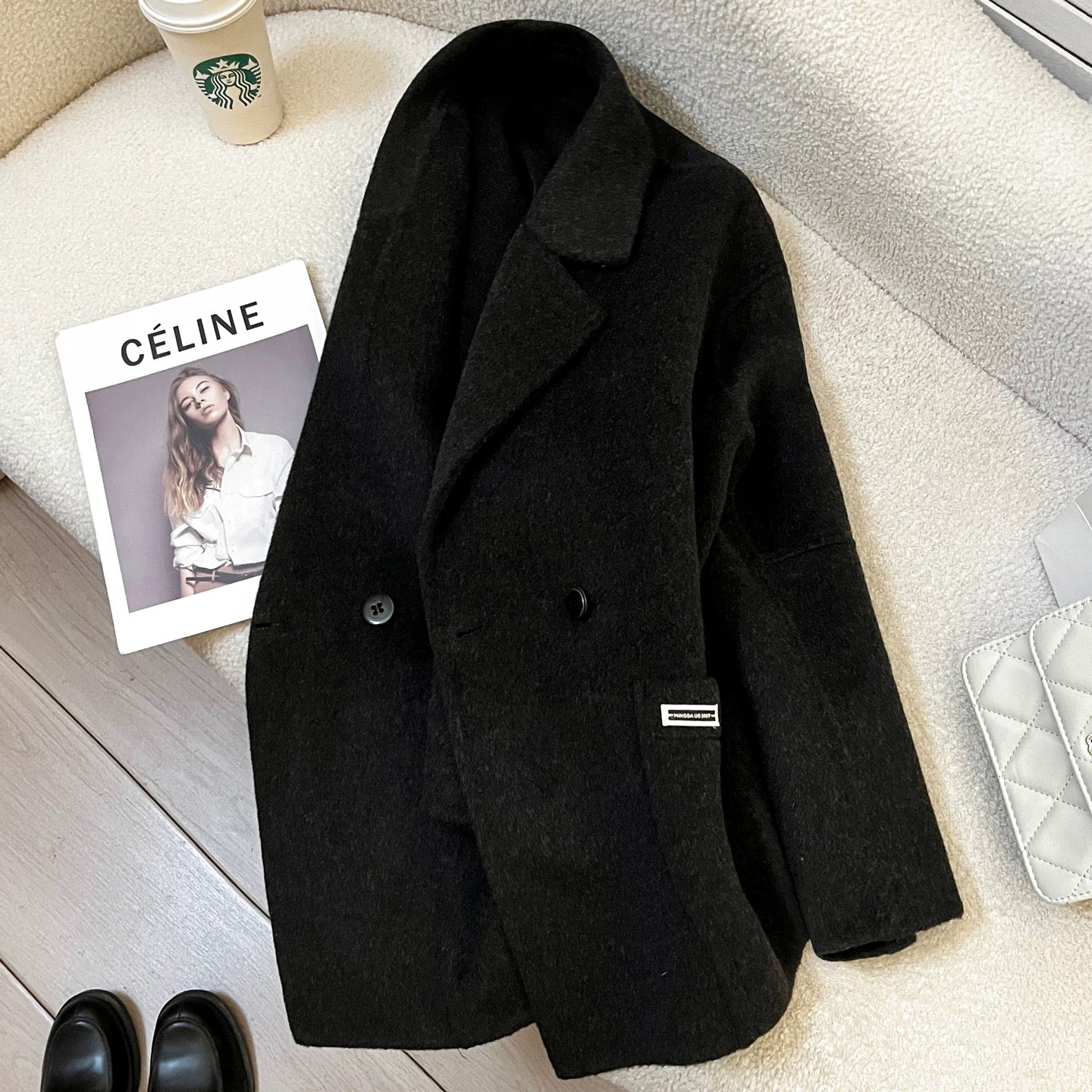 Black and gray double-faced cashmere coat for women, mid-length, 2025 autumn and winter new Korean style loose high-end wool coat