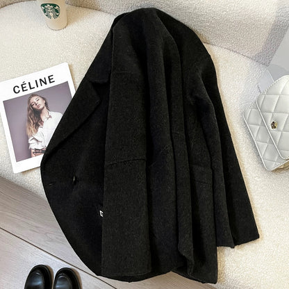 Black and gray double-faced cashmere coat for women, mid-length, 2025 autumn and winter new Korean style loose high-end wool coat