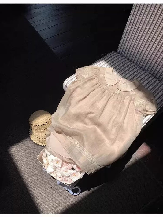 Go to the tea mountain Tea break series pure linen baby collar dress age-reducing slim short skirt