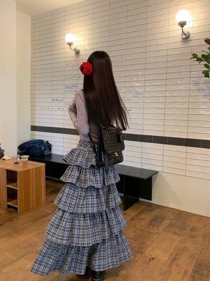 kumikumi suit women's retro heavy industry plaid cake skirt skirt spring V-neck slim T-shirt two-piece set