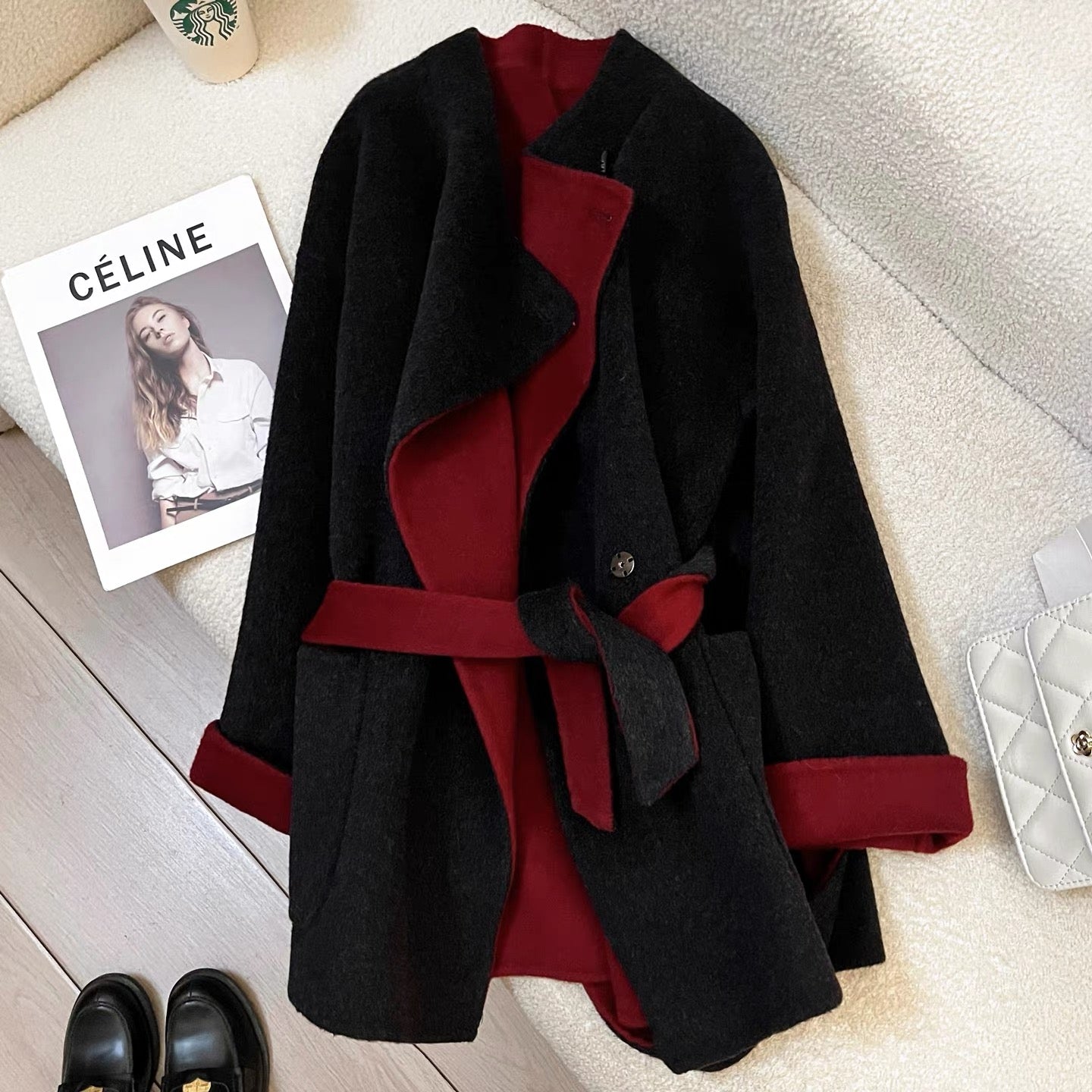 Black and gray high-end double-sided cashmere coat for women 2025 new autumn and winter small size lace-up fashionable woolen coat