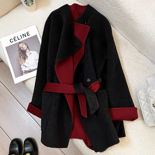 Black and gray high-end double-sided cashmere coat for women 2025 new autumn and winter small size lace-up fashionable woolen coat