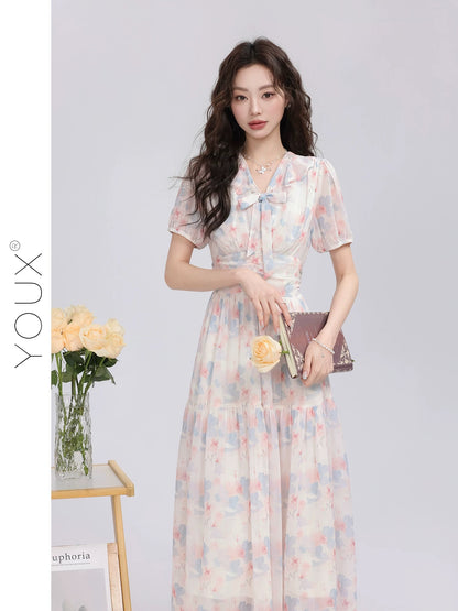 Youxiang [Flower Light and Joyful Shadow] Blue and Pink Flower Dress Women 2025 Summer New Gentle Style Waist Slimming Long Dress