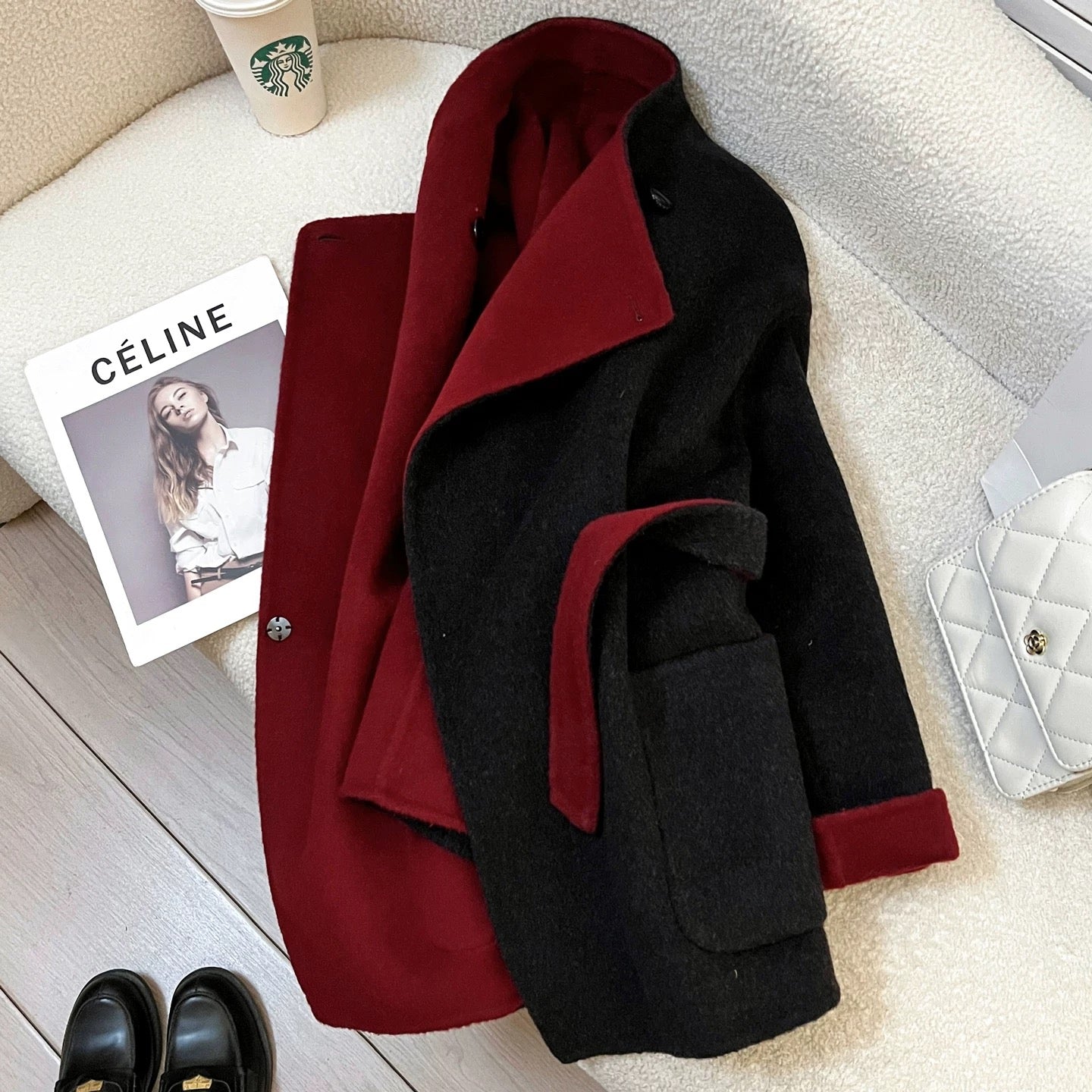 Black and gray high-end double-sided cashmere coat for women 2025 new autumn and winter small size lace-up fashionable woolen coat