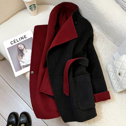 Black and gray high-end double-sided cashmere coat for women 2025 new autumn and winter small size lace-up fashionable woolen coat