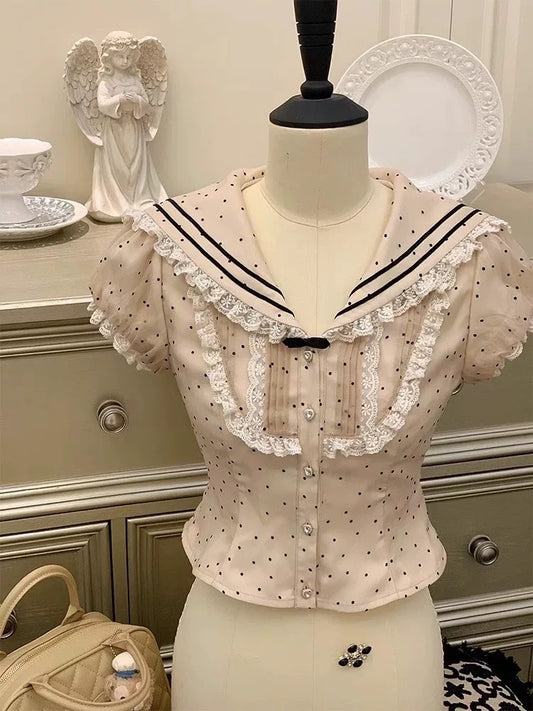 "Sweetheart Polka Dot" Old-fashioned milk tea color girl's secret atmosphere outfit with accordion pleated navy collar