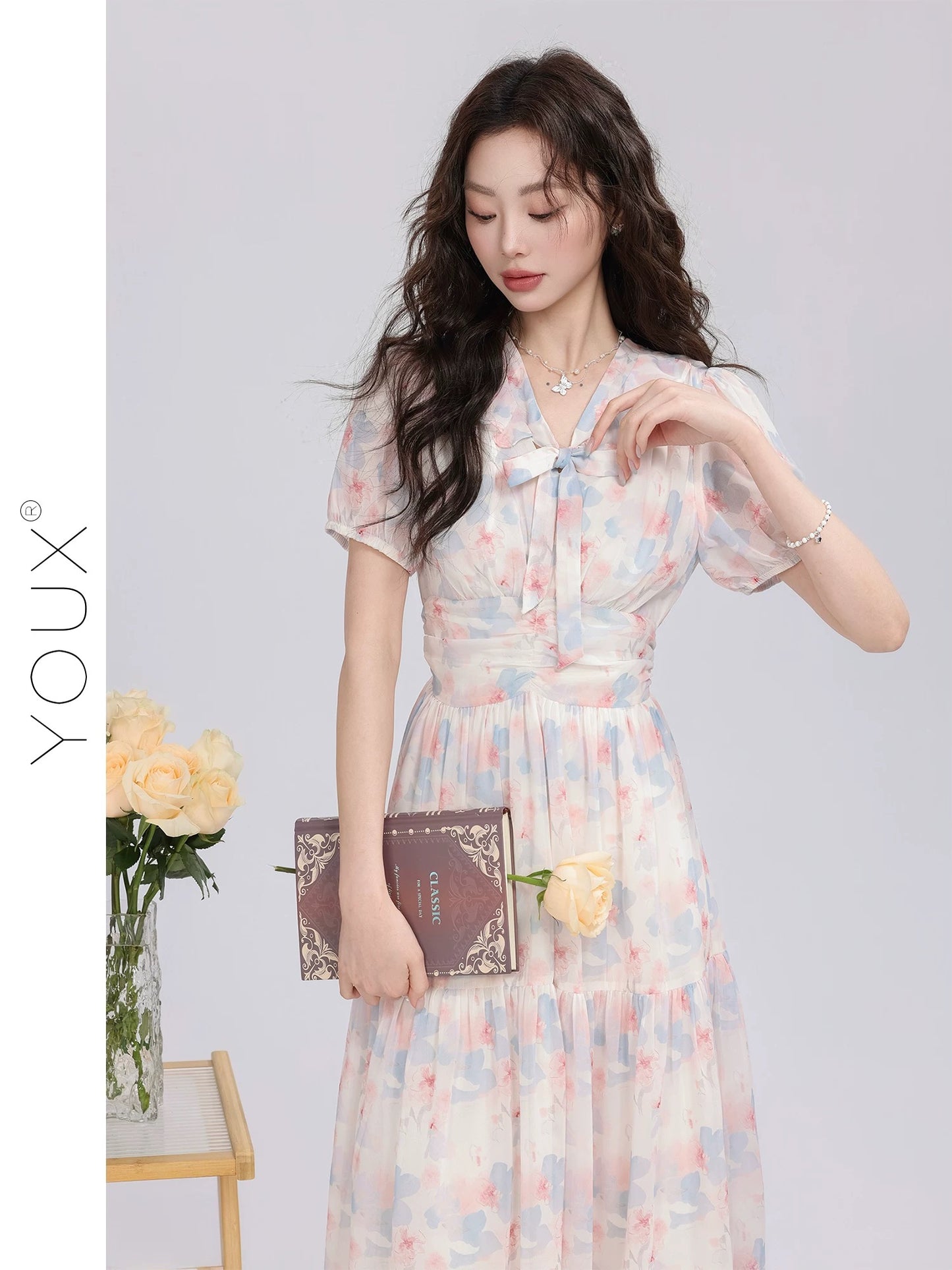 Youxiang [Flower Light and Joyful Shadow] Blue and Pink Flower Dress Women 2025 Summer New Gentle Style Waist Slimming Long Dress