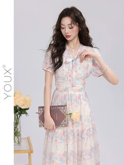 Youxiang [Flower Light and Joyful Shadow] Blue and Pink Flower Dress Women 2025 Summer New Gentle Style Waist Slimming Long Dress
