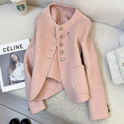 Pink double-faced cashmere coat for women 2025 autumn and winter new Korean version of the small fragrance style temperament short small size coat