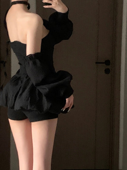 021ope Little Witch dark tube top dress slimming waist one-shoulder dress niche design tutu skirt