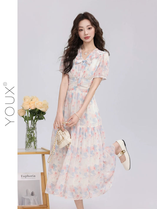 Youxiang [Flower Light and Joyful Shadow] Blue and Pink Flower Dress Women 2025 Summer New Gentle Style Waist Slimming Long Dress