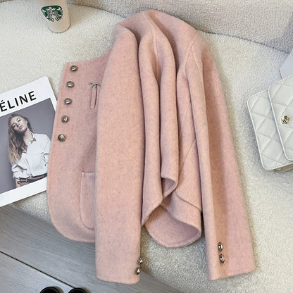 Pink double-faced cashmere coat for women 2025 autumn and winter new Korean version of the small fragrance style temperament short small size coat