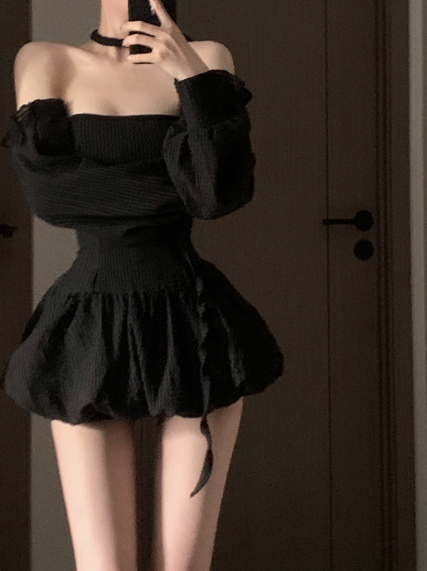 021ope Little Witch dark tube top dress slimming waist one-shoulder dress niche design tutu skirt