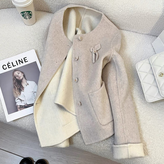 Pink double-faced cashmere coat for women 2025 autumn and winter new Korean version of the small fragrance style temperament short small size coat