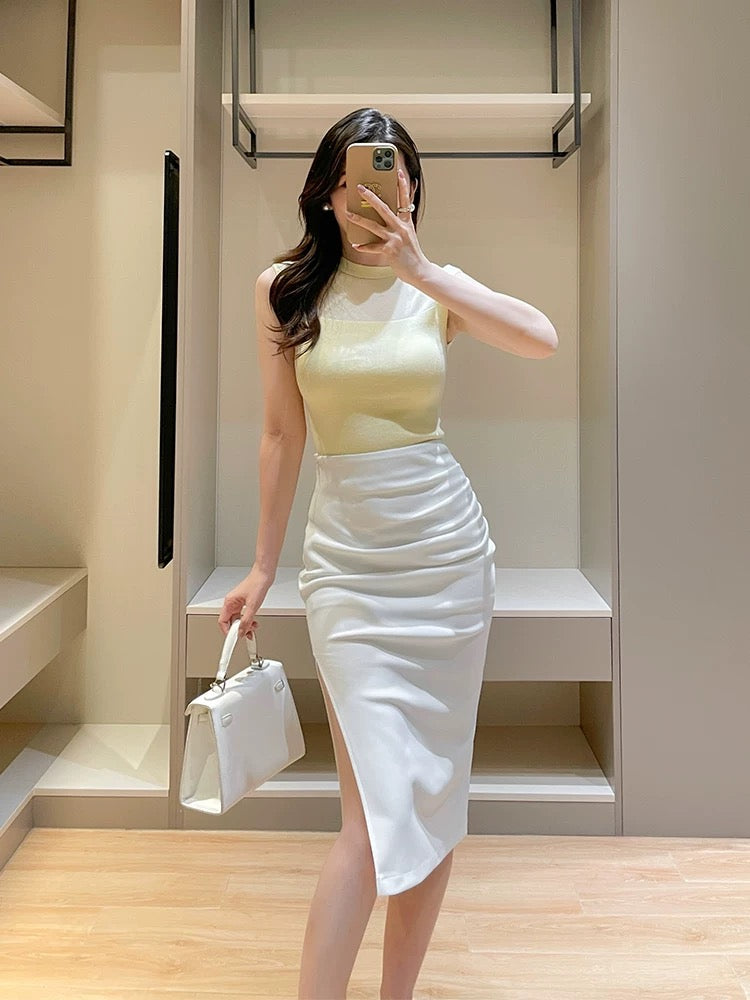 Pink gentle wind mesh splicing knitted top for women summer new style temperament half turtleneck sleeveless slim bottoming shirt for women