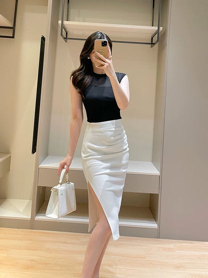 Pink gentle wind mesh splicing knitted top for women summer new style temperament half turtleneck sleeveless slim bottoming shirt for women