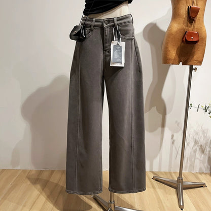 Casual high-waisted wide-leg jeans for women, slimming straight leg pants with fleece lining, perfect for winter.