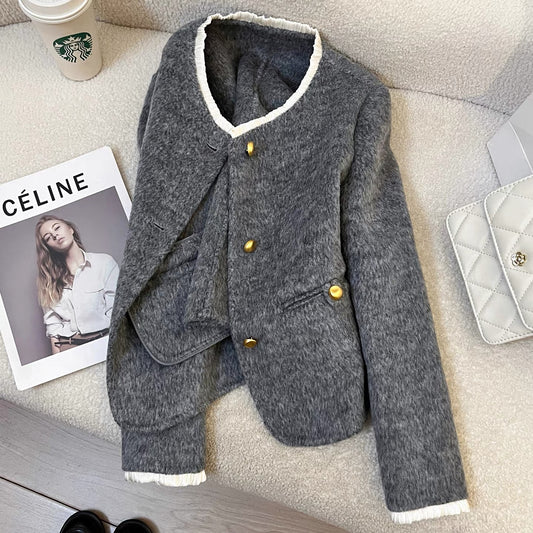 Gray cashmere double-faced wool coat for women, petite 2025 autumn and winter new Korean style fashion high-end temperament coat