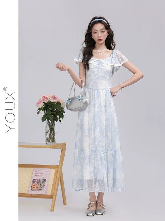 Youxiang [Icelandic Rose] Light blue gradient dress for women 2025 summer new gentle sweet slim long dress