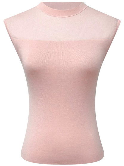 Pink gentle wind mesh splicing knitted top for women summer new style temperament half turtleneck sleeveless slim bottoming shirt for women