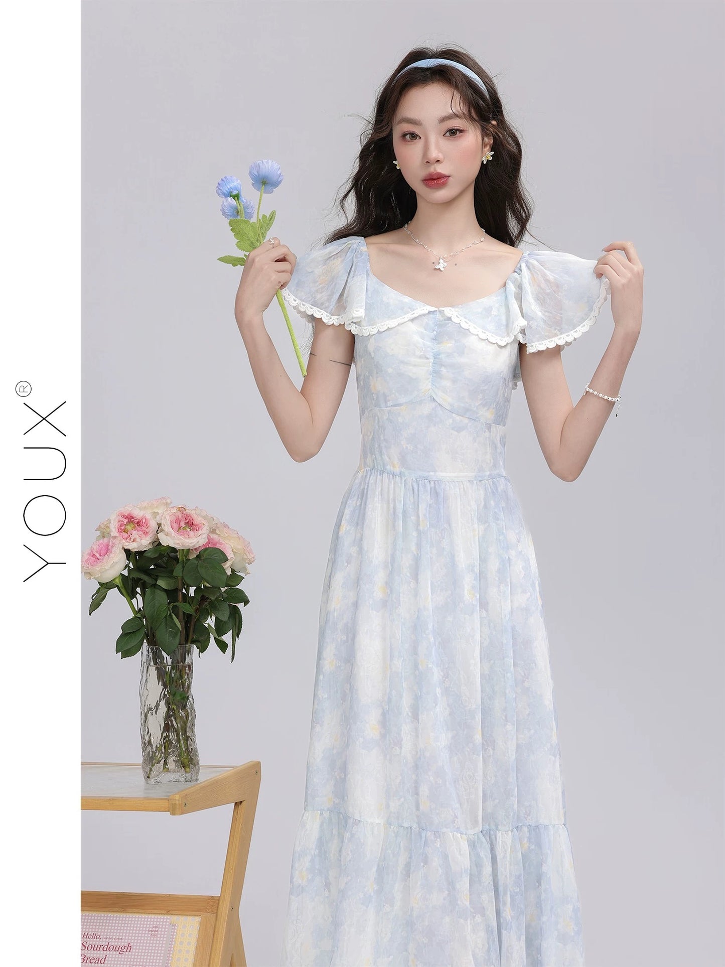 Youxiang [Icelandic Rose] Light blue gradient dress for women 2025 summer new gentle sweet slim long dress