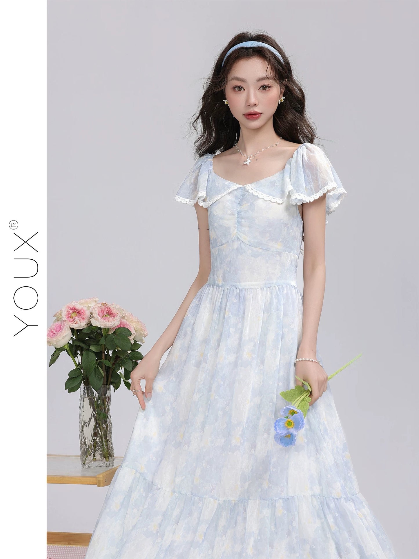Youxiang [Icelandic Rose] Light blue gradient dress for women 2025 summer new gentle sweet slim long dress