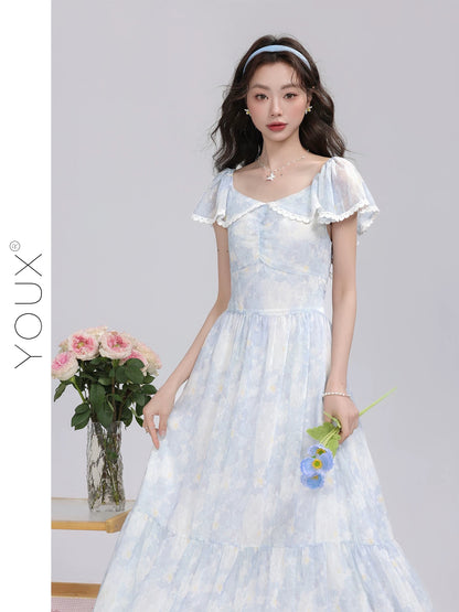 Youxiang [Icelandic Rose] Light blue gradient dress for women 2025 summer new gentle sweet slim long dress