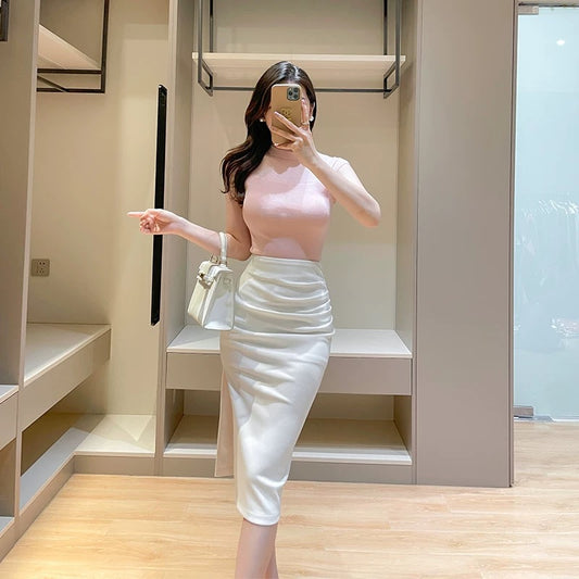 Pink gentle wind mesh splicing knitted top for women summer new style temperament half turtleneck sleeveless slim bottoming shirt for women
