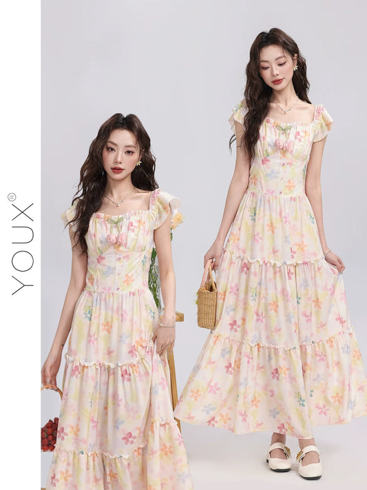 Youxiang [Huajian Whispering] Colorful printed dress for women 2025 summer new style sweet white fashion long dress