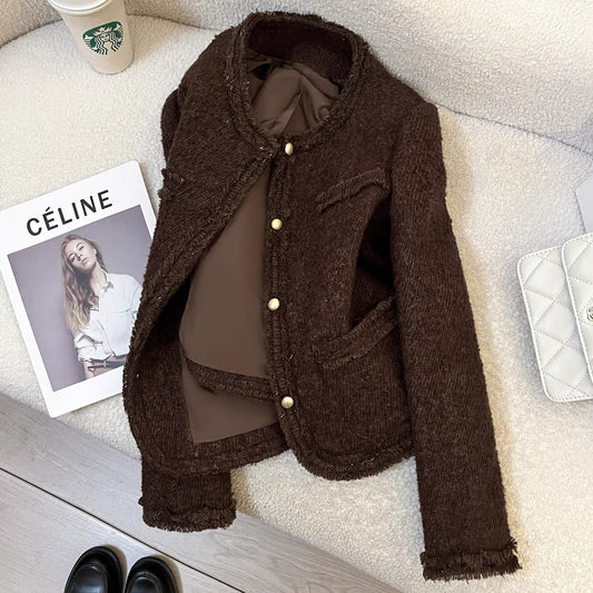 Reddish brown exquisite high-end celebrity small fragrance style jacket female 2025 winter new small versatile temperament top
