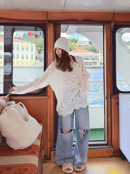 Li Wanjun "Galaxy Rhinestone Jeans" – High-quality denim featuring 78% cotton, intricate hot-fix rhinestone detailing, and distressed knee cutouts.