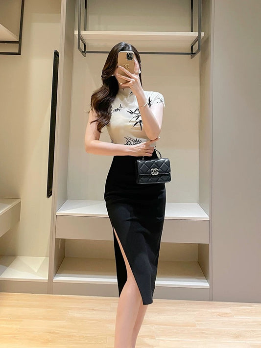 Ink bamboo printed short-sleeved tops for women summer new new Chinese style national style high-end slim round neck slim short T-shirt