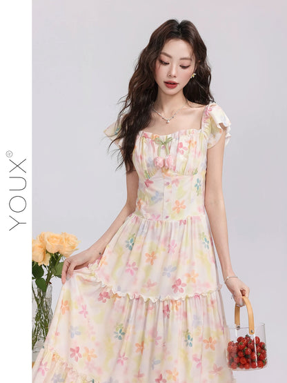 Youxiang [Huajian Whispering] Colorful printed dress for women 2025 summer new style sweet white fashion long dress