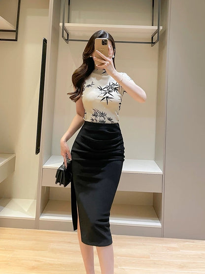 Ink bamboo printed short-sleeved tops for women summer new new Chinese style national style high-end slim round neck slim short T-shirt