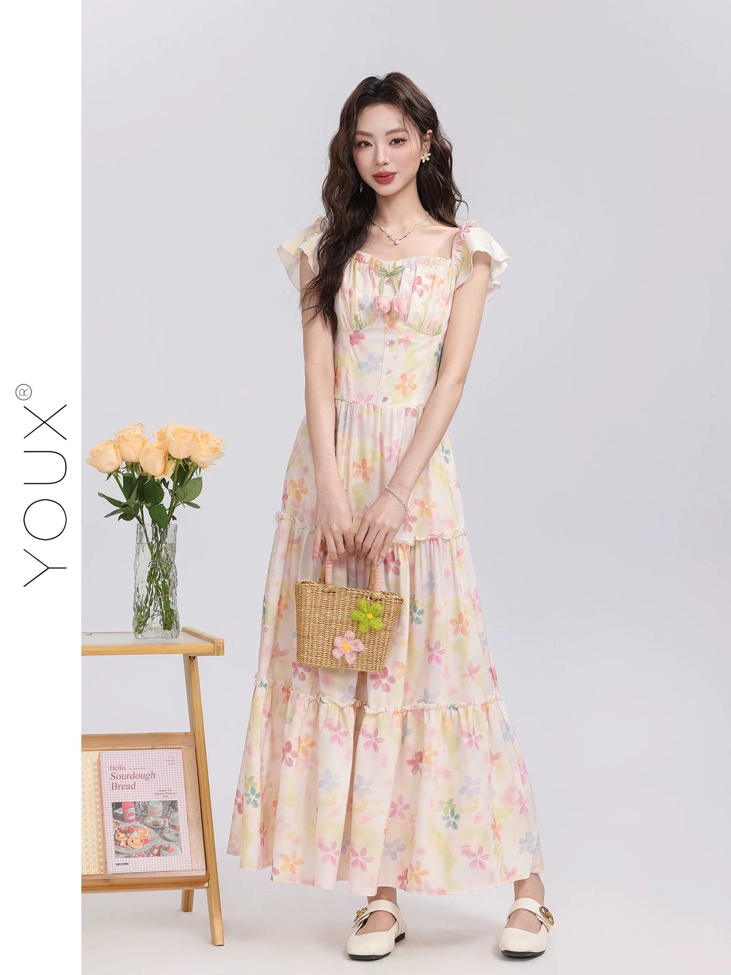 Youxiang [Huajian Whispering] Colorful printed dress for women 2025 summer new style sweet white fashion long dress