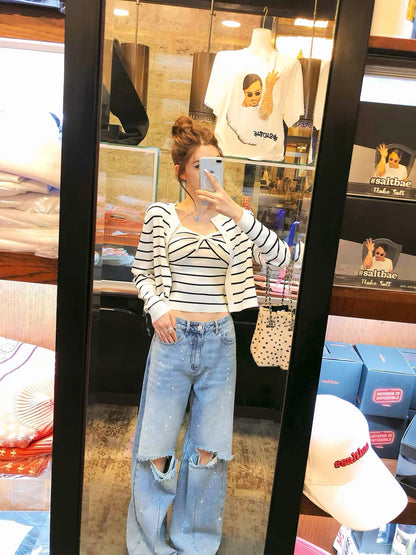 Li Wanjun "Galaxy Rhinestone Jeans" – High-quality denim featuring 78% cotton, intricate hot-fix rhinestone detailing, and distressed knee cutouts.