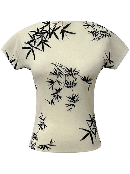 Ink bamboo printed short-sleeved tops for women summer new new Chinese style national style high-end slim round neck slim short T-shirt