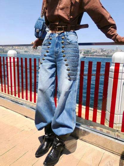 Li Wanjun Women's Retro Blue High-Waisted Washed Denim Pants – Street-Style Loose Gradient Wide-Leg Trousers with a Multi-Button Fly (Autumn Collection)