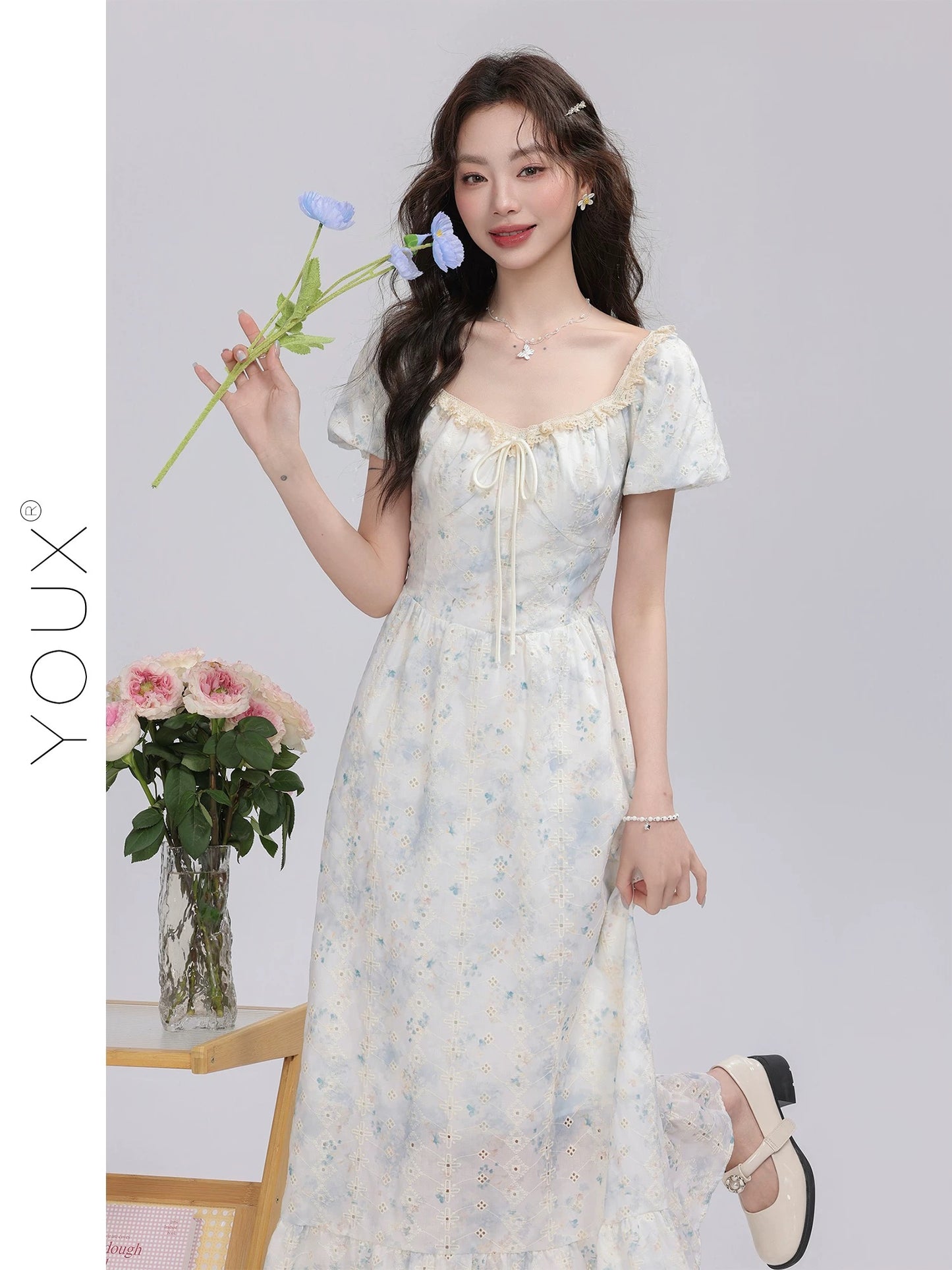Youxiang [Flower Sea Morning Dawn] Floral Dress Women 2025 Summer New Lace Design Long Dress