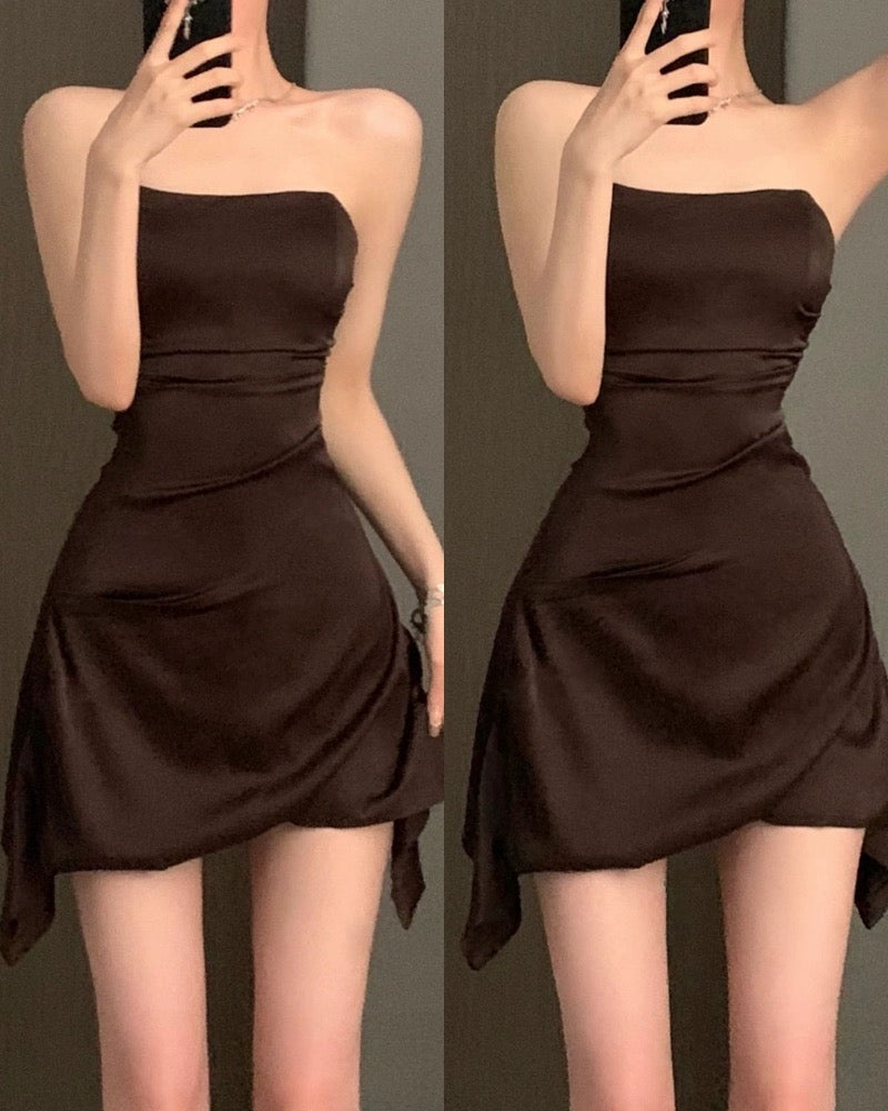 Younger Lady chocolate sexy hot girl fishbone dress female off-shoulder waist slim tube top skirt