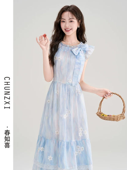 Chun Zhixi summer beautiful floral small flying sleeve dress women's summer new waist slimming beautiful small skirt