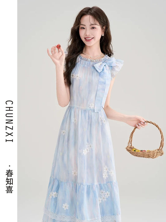Chun Zhixi summer beautiful floral small flying sleeve dress women's summer new waist slimming beautiful small skirt