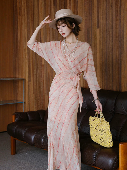 MIUCO elegant holiday style dress striped three-quarter bat sleeves V-neck tie waist beach long dress elegant summer