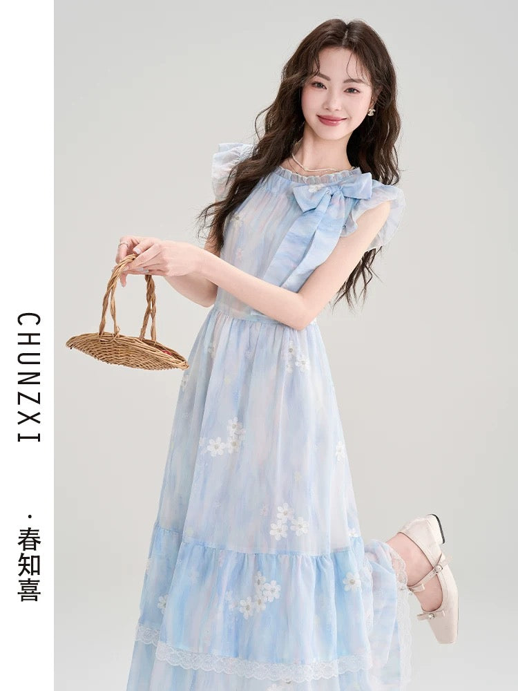 Chun Zhixi summer beautiful floral small flying sleeve dress women's summer new waist slimming beautiful small skirt