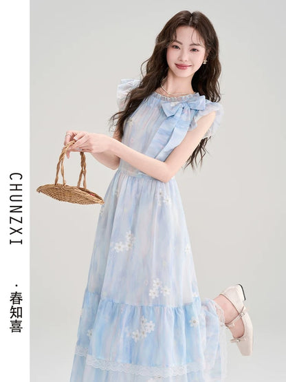 Chun Zhixi summer beautiful floral small flying sleeve dress women's summer new waist slimming beautiful small skirt